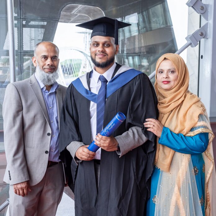 A student who fought a brain tumour in the middle of his studies has graduated from the University of Salford with an excellent degree