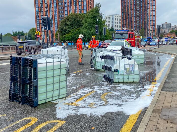 Two fire engines are currently in attendance at a large spill of Soap on Broad Street, Salford